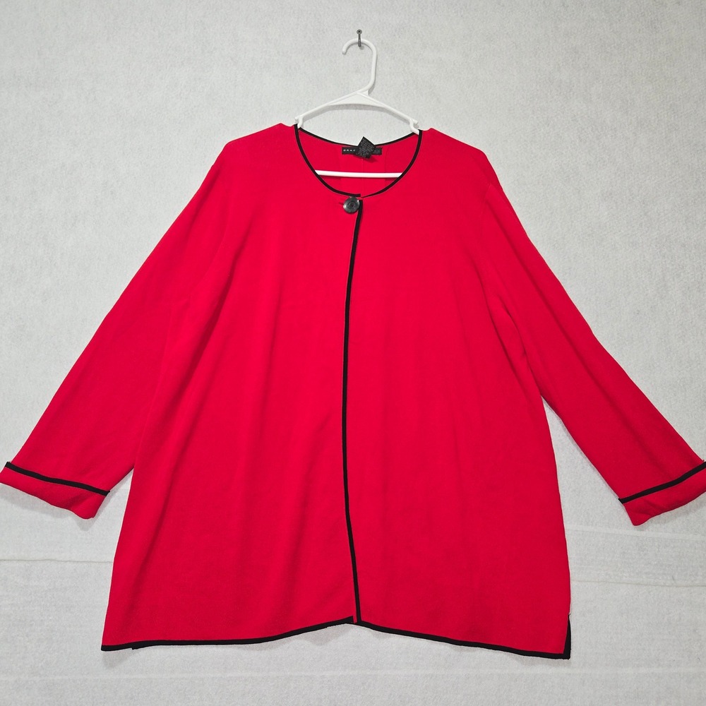 R#31 Grace Dane Lewis Woman Red Black Trim Open Front Cardigan Sweater 2X